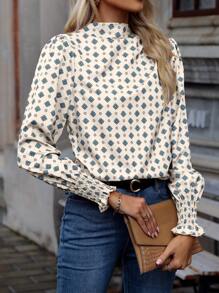 SHEIN Clasi Allover Print Mock Neck Flounce Sleeve Blouse,Long Sleeve Tops Fall Cloth For Women - Apricot - View 1