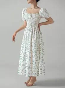 SHEIN VCAY Ditsy Floral Print Puff Sleeve Smock Dress - Cadet Blue - View 3