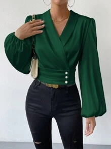 SHEIN Privé 女式燈籠袖襯衫 - 墨綠色 - 查看 1