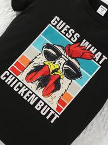 SHEIN Young Boy Cartoon Chicken & Letter Print Short Sleeve T-Shirt - Black - View 5