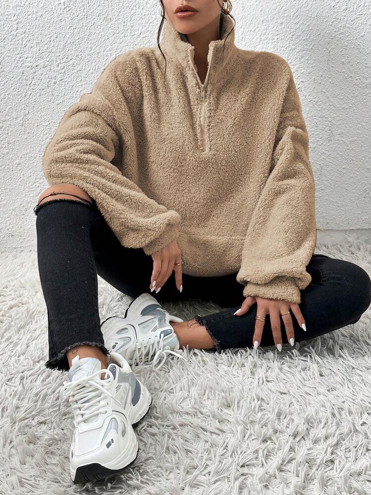 SHEIN Frenchy Women s Drop Shoulder Fluffy Fleece Sweatshirt SHEIN