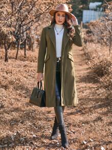 SHEIN Clasi 女式鑲邊立領長袖羊毛外套 - 軍綠色 - 查看 4