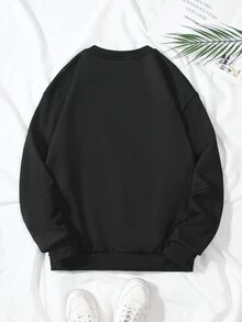 SHEIN Unity 女性字母圖案加厚搖粒絨圓領運動衫 - 黑色 - 查看 2