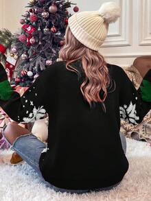 SHEIN LUNE Women's Christmas Tree Towel Embroidered Sweater - Black - View 2
