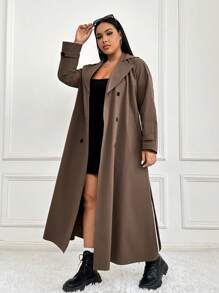 SHEIN EZwear 大雙排扣風衣 - 棕色 - 查看 3