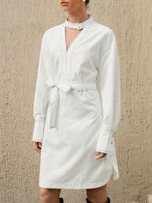Anewsta Keyhole Neckline Drop Shoulder Belted Dress