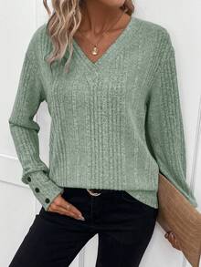 SHEIN LUNE Women's Ribbed Knit T-shirt - Green - View 4