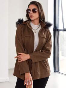 EURMUSE Drawstring Waist Fuzzy Trim Hooded Overcoat - Coffee Brown - View 5
