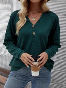 EMERY ROSE 女士豹紋網眼針織下垂肩t恤 - 墨綠色 - 查看 6