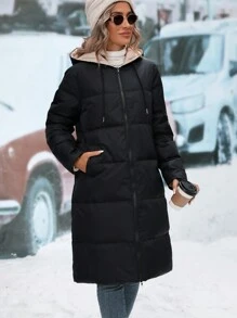 SHEIN LUNE Side Pocket Upward Zipper Hooded Down Jacket - Black - View 5