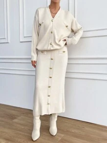 EURMUSE 女性落肩袖前紐扣開襟衫和毛衣半身裙兩件套套裝