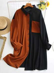 SHEIN LUNE Camisa de dos tonos con parche con bolsillo de hombros caídos - Multicolor - Ver 6