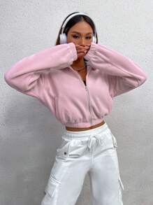 SHEIN Unity 拉鍊開襟落肩短版毛絨衫 - 粉色 - 查看 4