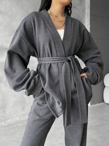 EURMUSE Plus Size Solid Color Casual Jacket And Pants 2 Pieces Set, Autumn/Winter - Dark Grey - View 6