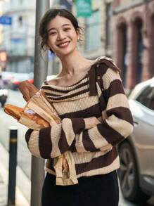 Dazy Star Striped Pattern Button Detail Sweater,Fall Clothes - Black and White - View 1