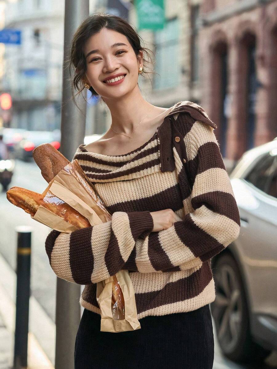 Dazy Star Striped Pattern Button Detail Sweater,Fall Clothes - Black and White - View 1