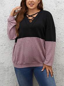 SHEIN LUNE 双色交叉前襟落肩卫衣，适合毕业季、返校季、毕业典礼、教师节等场合，女士返校套头衫，秋季卫衣 - 彩色 - 查看 4