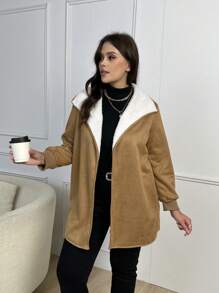 SHEIN LUNE 大码女式毛绒衬里加厚棉袄外套冬季前开襟 - 棕色 - 查看 4