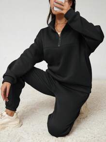 SHEIN EZwear Women's Solid Color Sweatshirt And Sweatpants Two-piece Set - Black - View 3