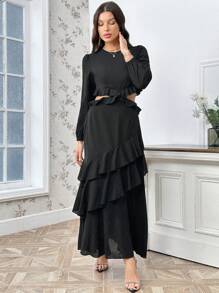 SHEIN Privé Hollow Out Waist Multi-layer Ruffled Edge Dress