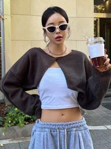 Dazy Star 1pc Solid Drop Shoulder Super Crop Sweater - Coffee Brown - View 6