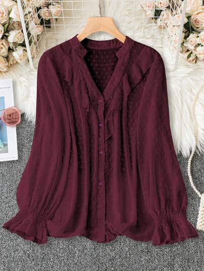 SHEIN Clasi Women's Plus Size Swiss Dot Ruffle Trim Shirt Fall Cloth For Women