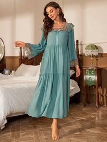 女士刺繡網布落肩睡衣連身裙 - 綠色 - 查看 5