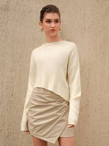 Anewsta Suéter de mujer de punto acanalado con hombros caídos para otoño e invierno - Beis - Ver 7