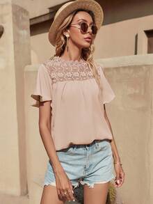 SHEIN LUNE Lace Mock Neck Butterfly Sleeve Blouse - Apricot - View 4