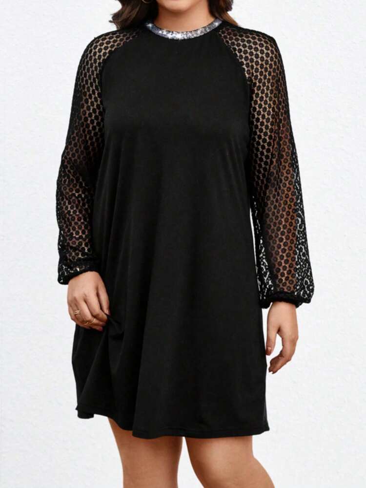 Lace Patchwork Long Sleeves Sequins Detail Dress Fall Cloth For Women