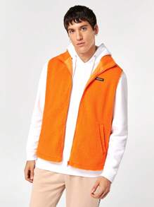 GENTILAND Loose Fit Men's Letter Patched Teddy Vest Jacket - Without Sweatshirt - Orange - View 5
