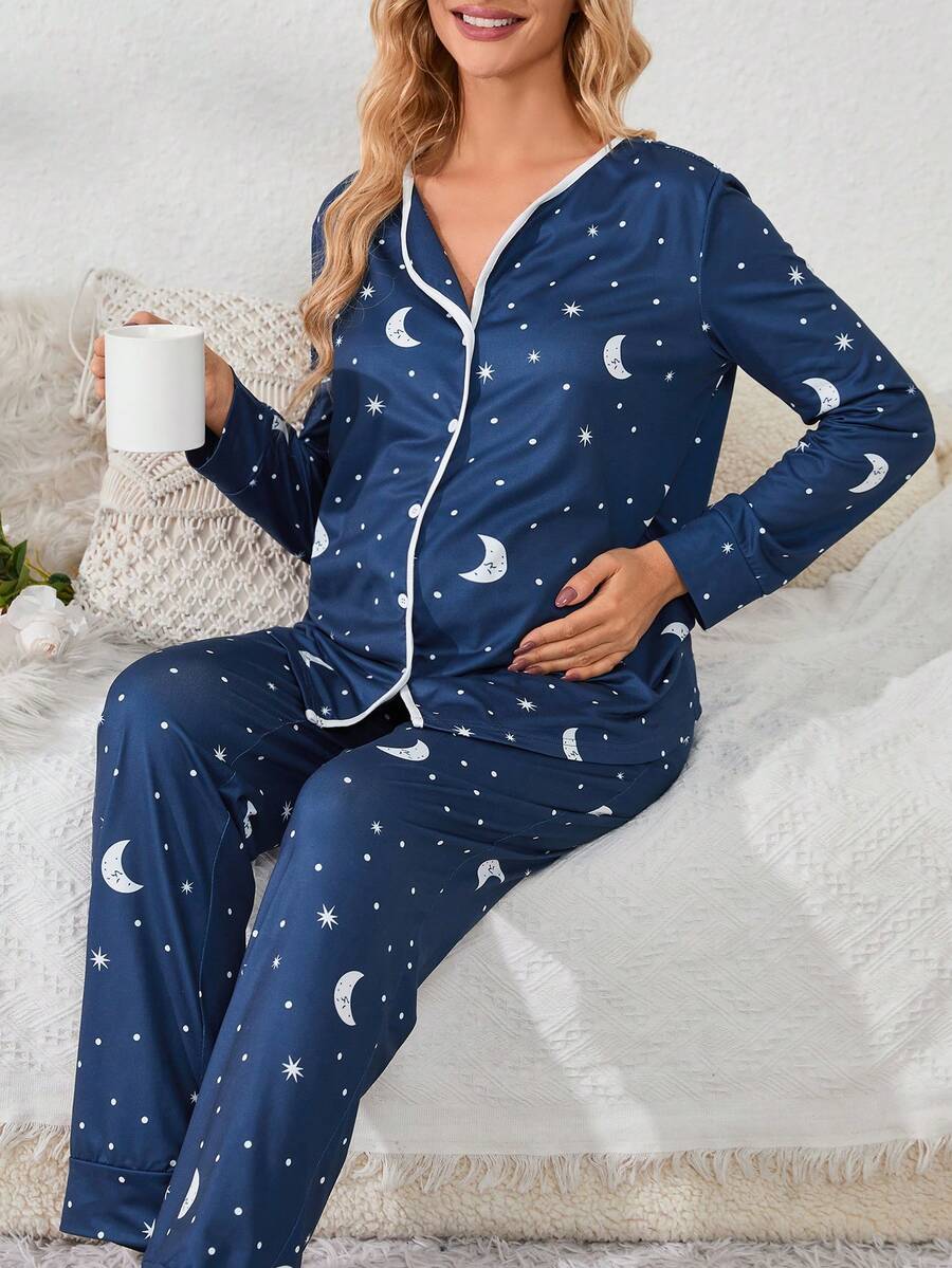 Maternity Moon & Star Printed Long Sleeve And Long Pants Pyjamas Set - Blue - View 1