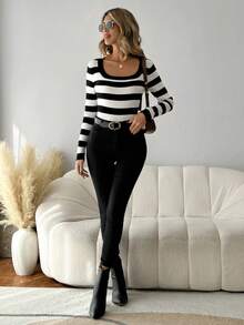SHEIN LUNE Của phụ nữ Sọc Cổ vuông Thon gọn Áo len - Đen và trắng - Xem 4