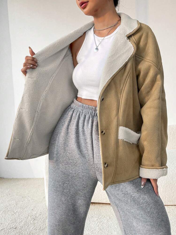 Loose Fit Fur-Trimmed Faux Leather Raglan Sleeve Coat