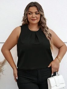 SHEIN Clasi Plus Solid Sleeveless Blouse - Black - View 3
