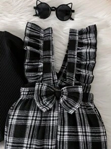 Baby Girls' Casual Vintage Plaid Jumpsuit With Base Shirt And Pants Set, For Christmas - Black and White - View 3
