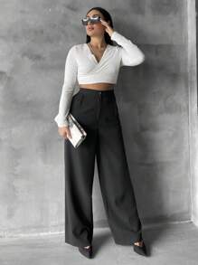 SHEIN Cottnline Women's Plus Size Solid Color Wide Leg Pants - Black - View 5