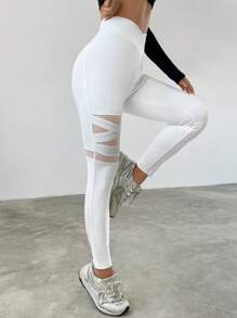 SHEIN EZwear 女士网眼撞色紧身裤 - 白色 - 查看 6