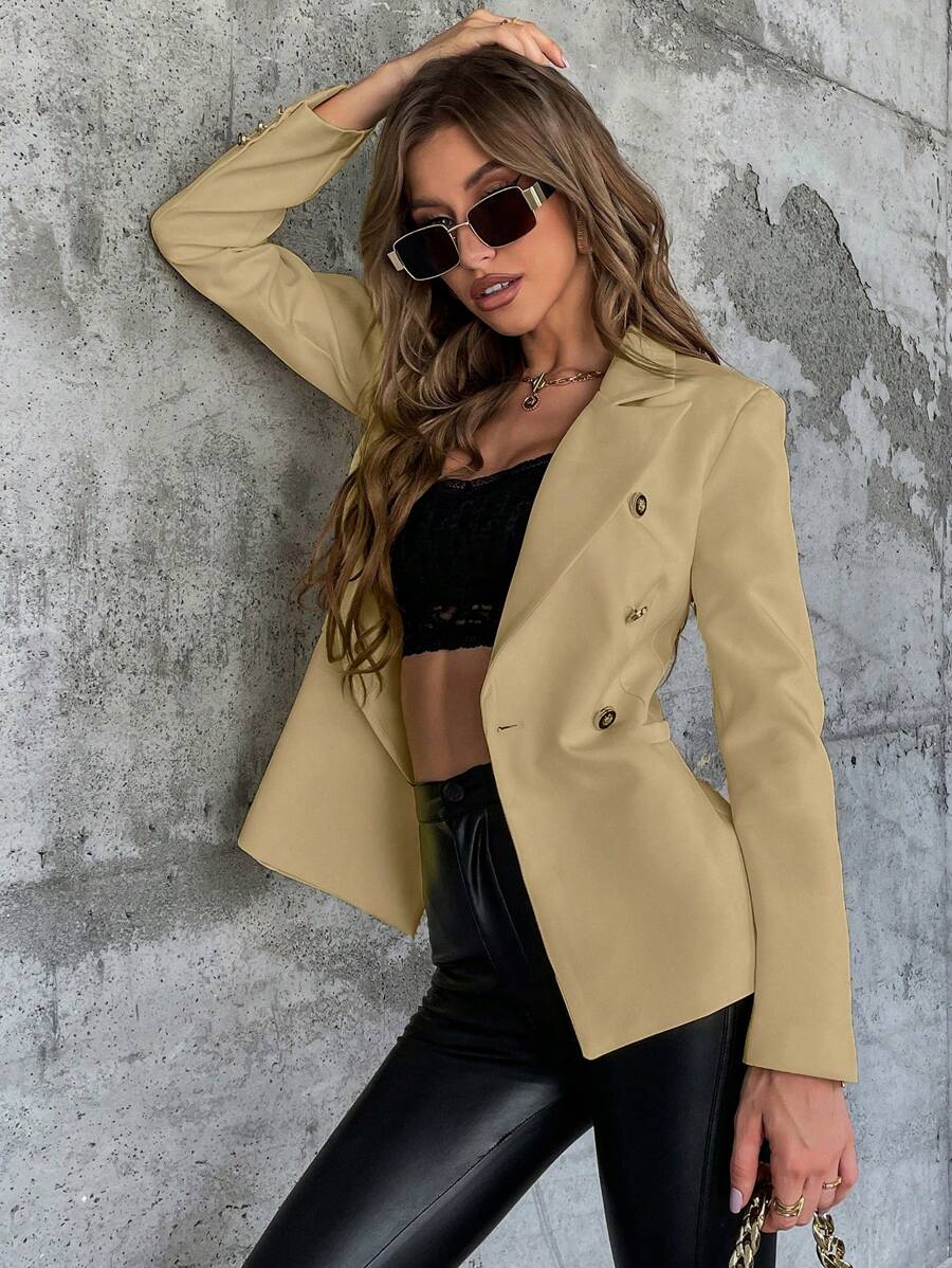 SHEIN Privé 女式雙排扣西裝外套 - 卡其色 - 查看 1