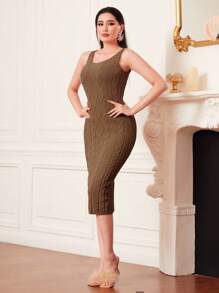 Modelyn 2pcs Cable-knit Cardigan And Solid Color Sweater Dress - Brown - View 4