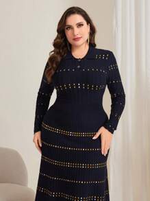 Modelyn Plus Size Polo Neck Knit Sweater Dress, For Winter - Royal Blue - View 3