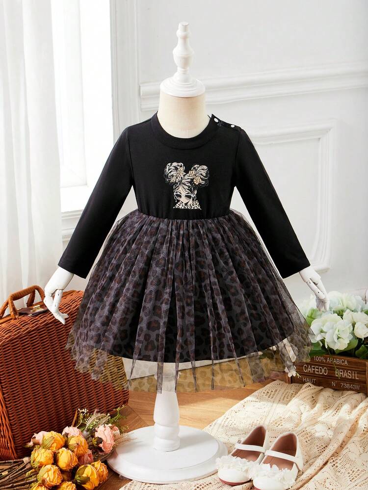 Baby Girls' Cool Printed Dress With Leopard Splicing, Autumn & Winter