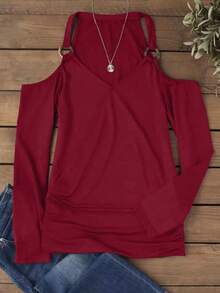 SHEIN Essnce Áo thun trễ vai nữ lạnh lùng - Màu Đỏ Sâu - Xem 2