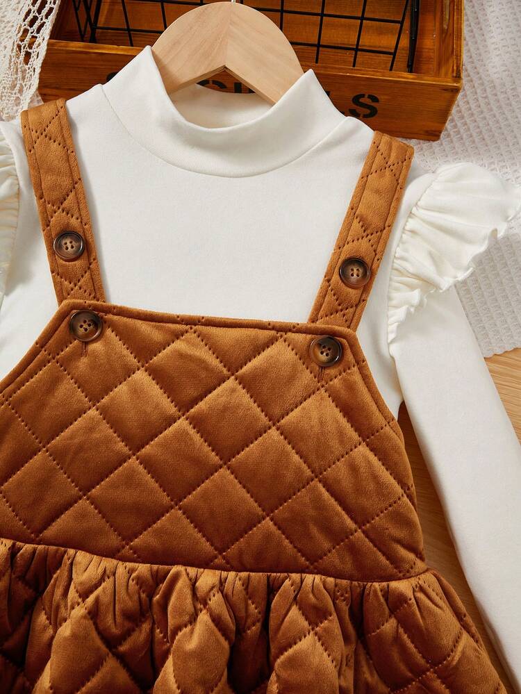 Tween Girl Ruffle Trim Tee & Quilted Overall Dress