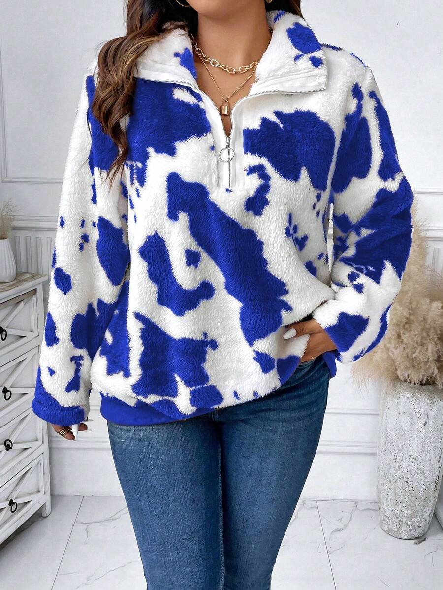 Calvaya 大尺碼女式全印花拉鍊半拉鍊運動衫 - 藏蓝色 - 查看 1