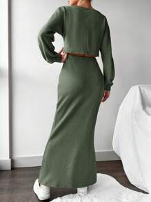 EURMUSE 2pcs/set Solid Color Lantern Sleeve T-shirt And Skirt - Olive Green - View 2