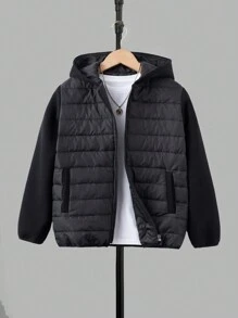 SHEIN Boys' Hooded Padded Coat, Winter - الأسود - مشاهدة 1