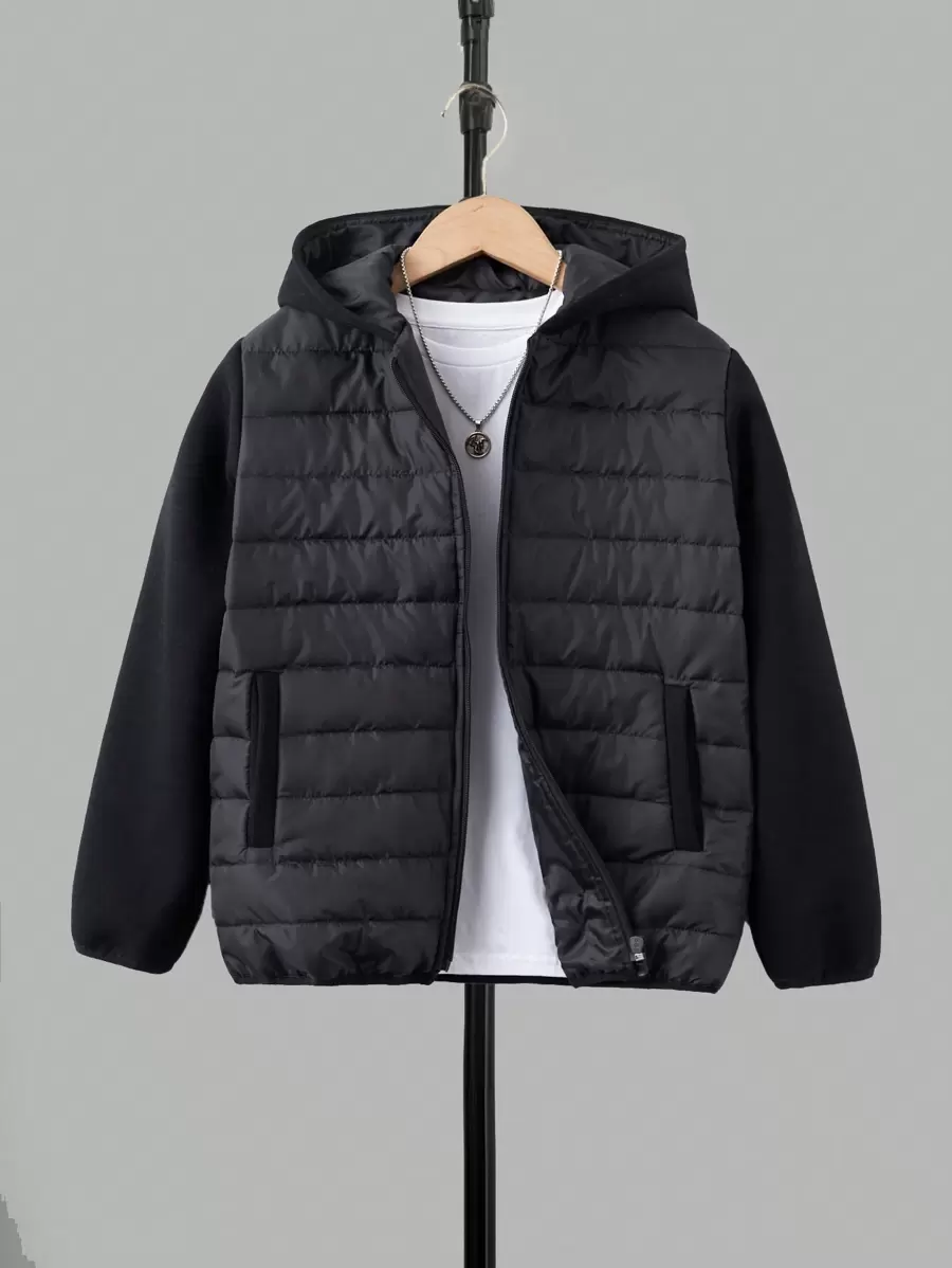 SHEIN Boys' Hooded Padded Coat, Winter - الأسود - مشاهدة 1