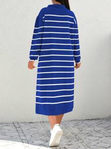 SHEIN Cottnline Plus Size Striped Pattern Polo Neck Sweater Dress - Royal Blue - View 2