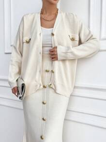 EURMUSE 女性落肩袖前紐扣開襟衫和毛衣半身裙兩件套套裝